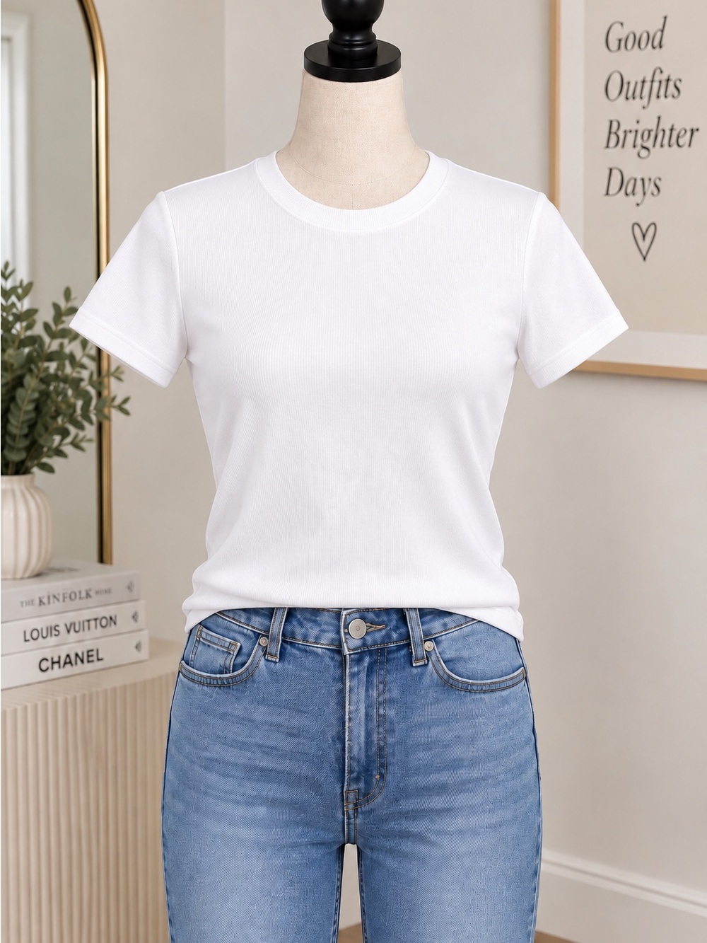 Simple white ribbed short sleeve top
